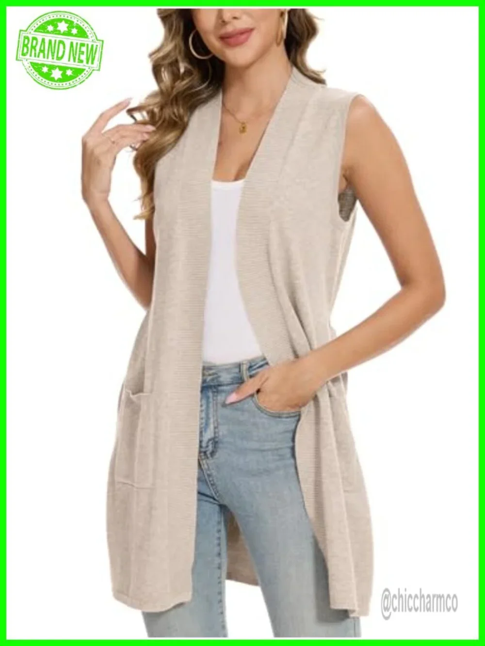 Sleeveless Ribbed Cardigan Vest with Pockets Open Front